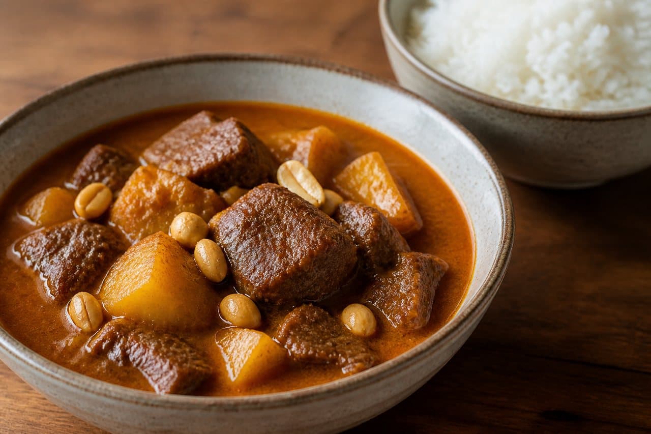 Massaman beef curry in a bowl with jasmine rice