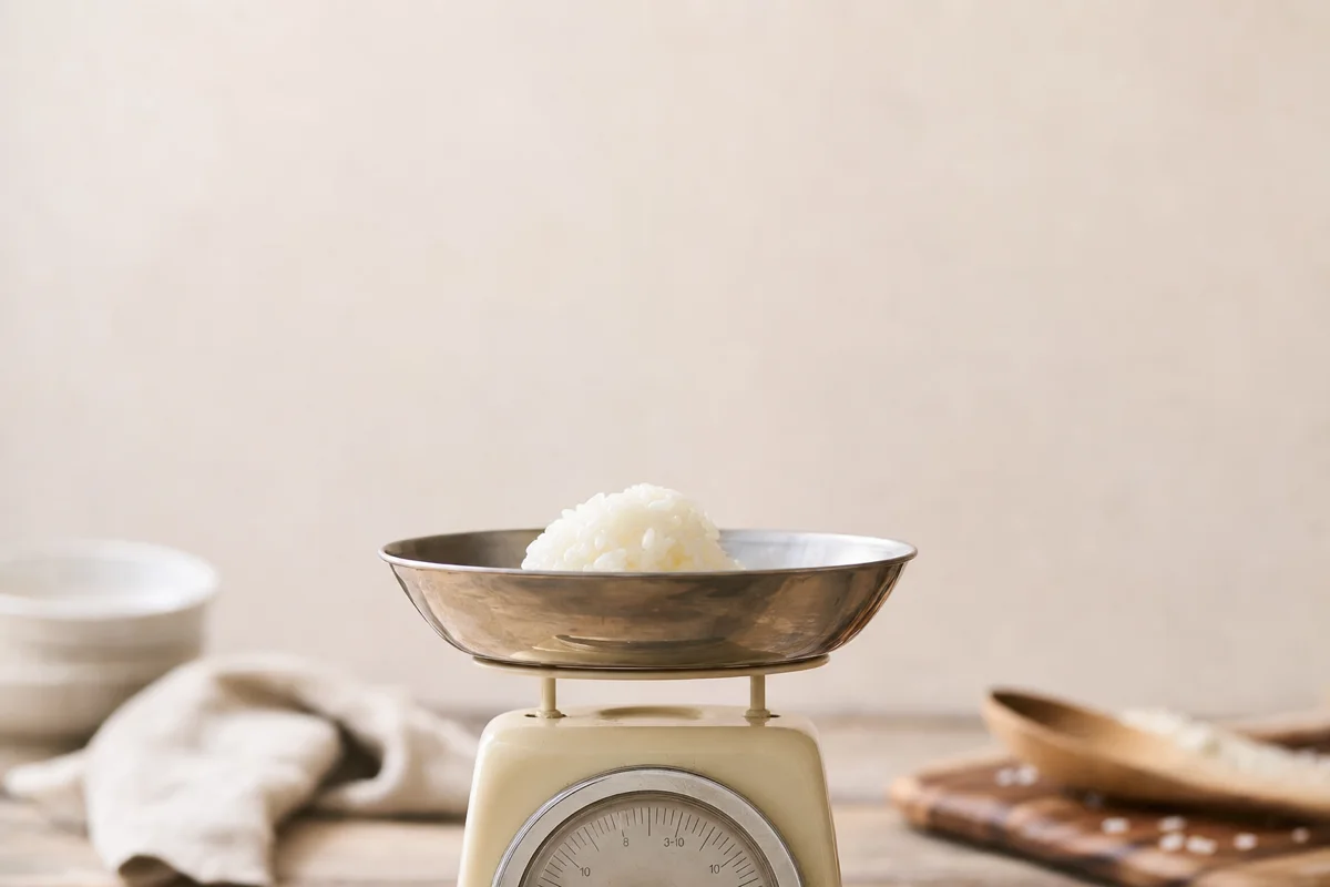 A kitchen scale weighing a single scooped portion of rice