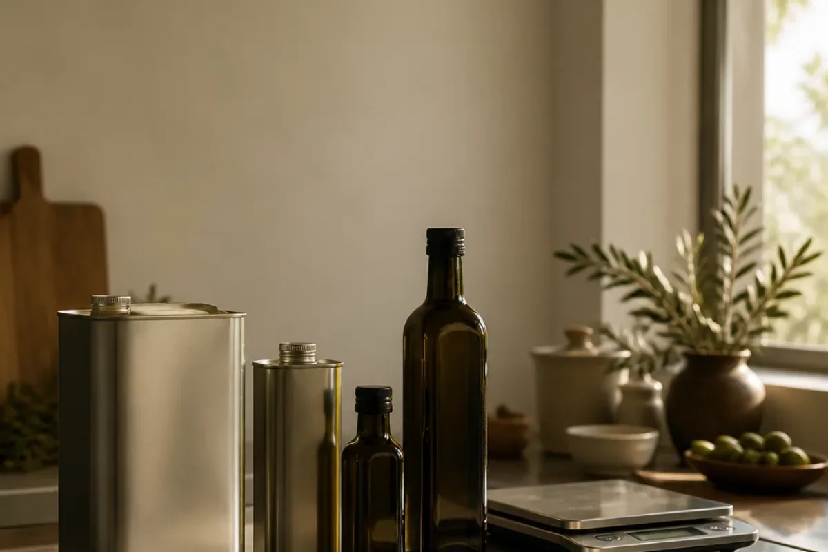 Four olive oil tins and bottles in different sizes standing together on a kitchen bench next to a digital scale