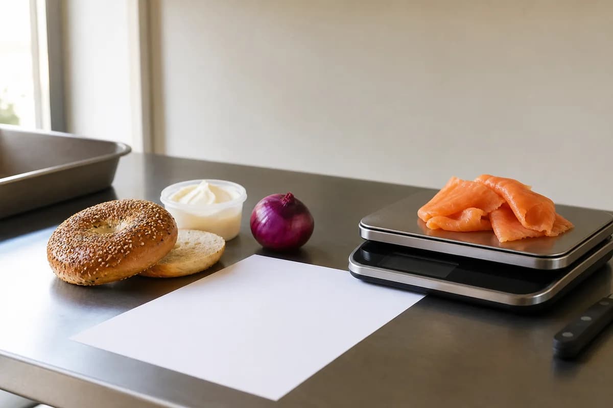 A bagel, cream cheese, a red onion and sliced smoked salmon on a kitchen scale, beside a blank delivery note