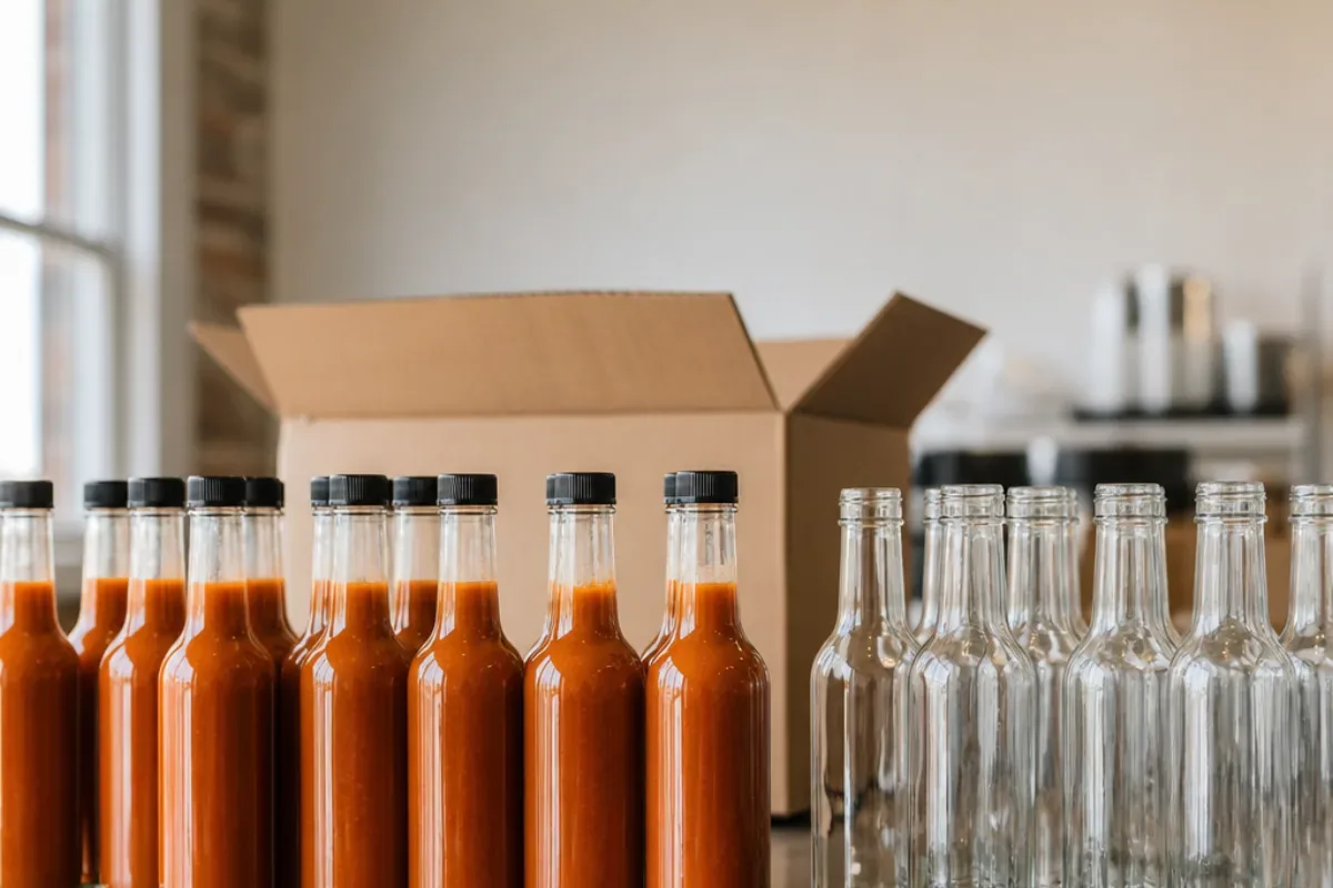 Rows of filled and capped hot sauce bottles beside empty unlabelled bottles on a bottling bench, an open shipping carton behind