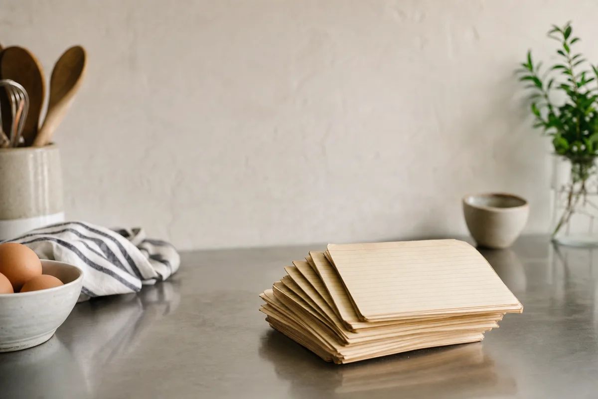 A fan of blank lined index cards on a kitchen counter