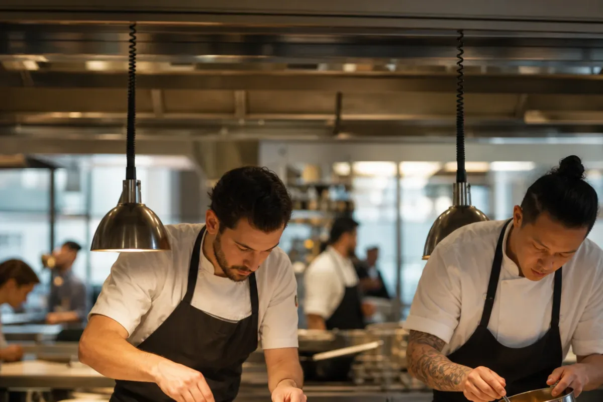 Two cooks plating under heat lamps on a busy restaurant pass, more of the kitchen working behind them