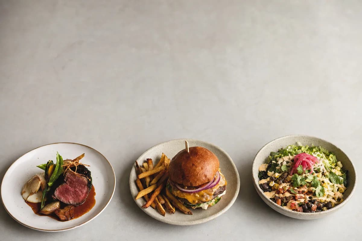 Three different plated dishes side by side, fine dining, casual, and fast-casual