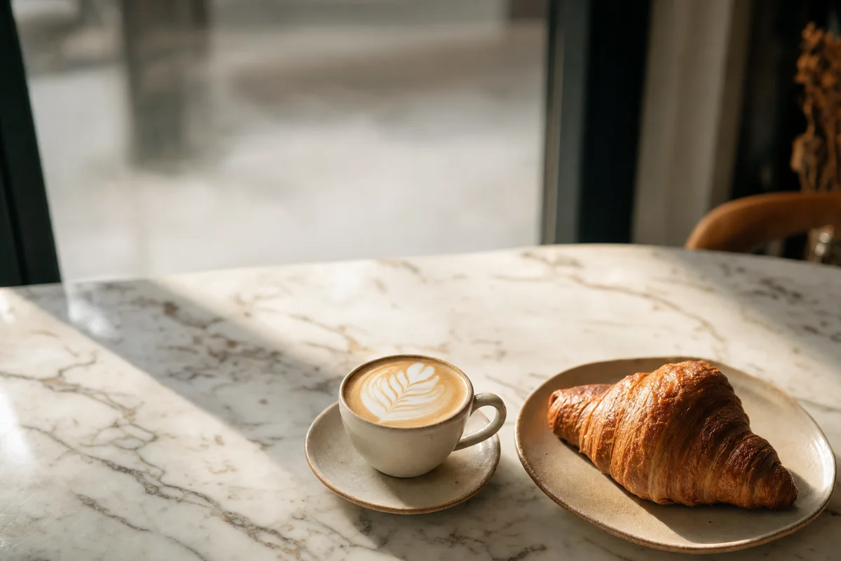 A flat white with latte art beside a croissant on a marble counter