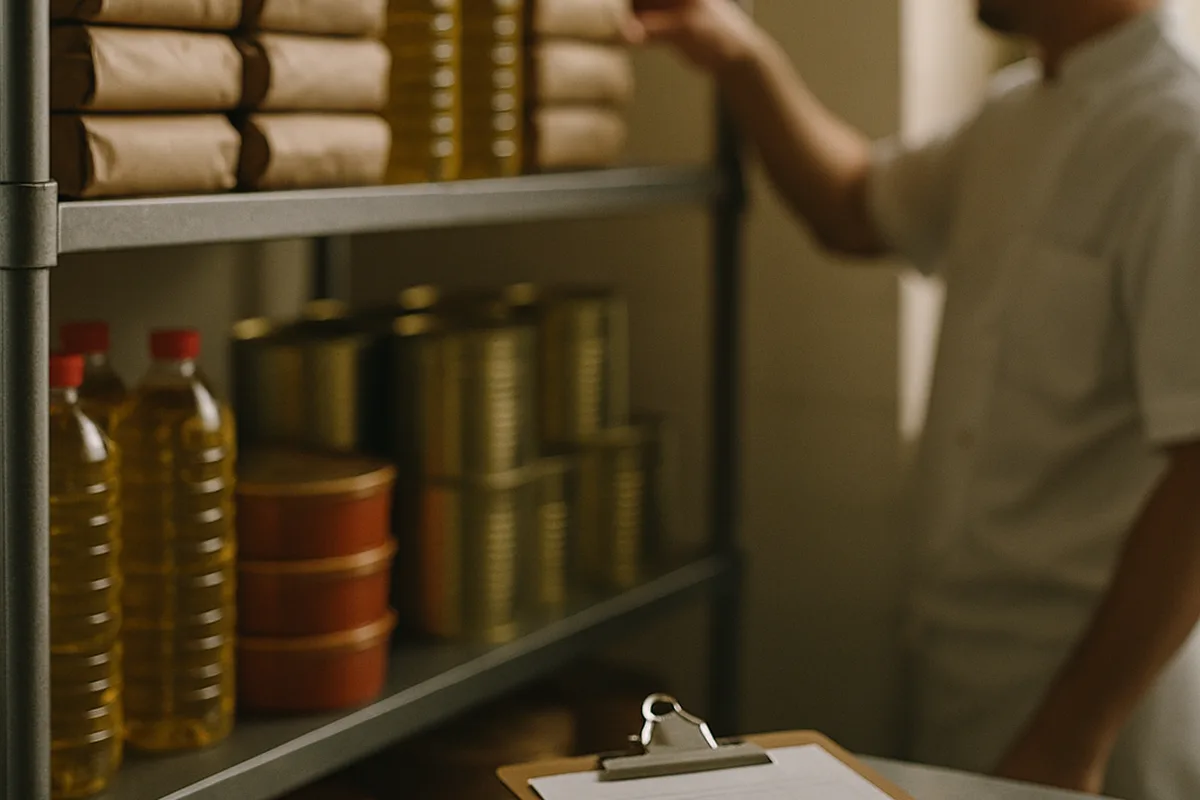 A cook counting stock on a restaurant dry-store shelf, clipboard on the bench