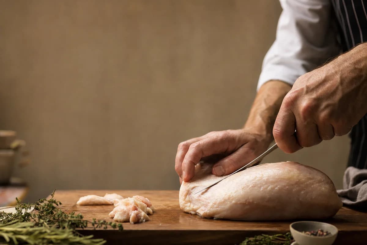 A chef trimming a raw chicken breast on a wooden board