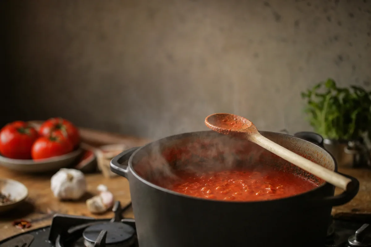 A pot of simmering tomato sauce on a stove