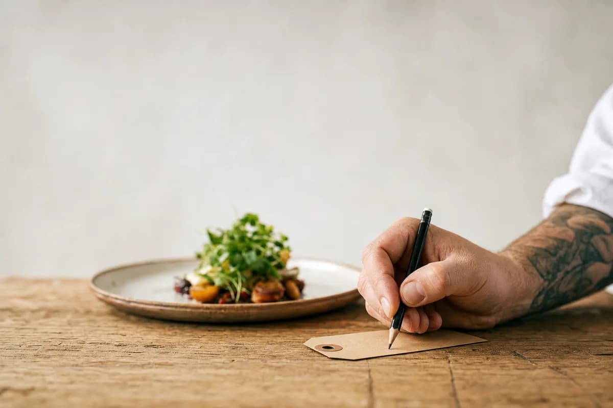 A hand writing a price on a small paper menu tag beside a plated dish