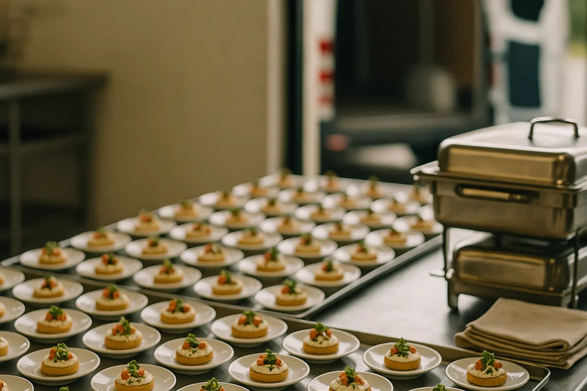 Trays of plated canapes on a catering prep bench, chafing dishes and a van behind