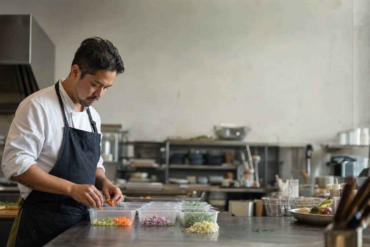 A chef portioning diced vegetables into small prep containers