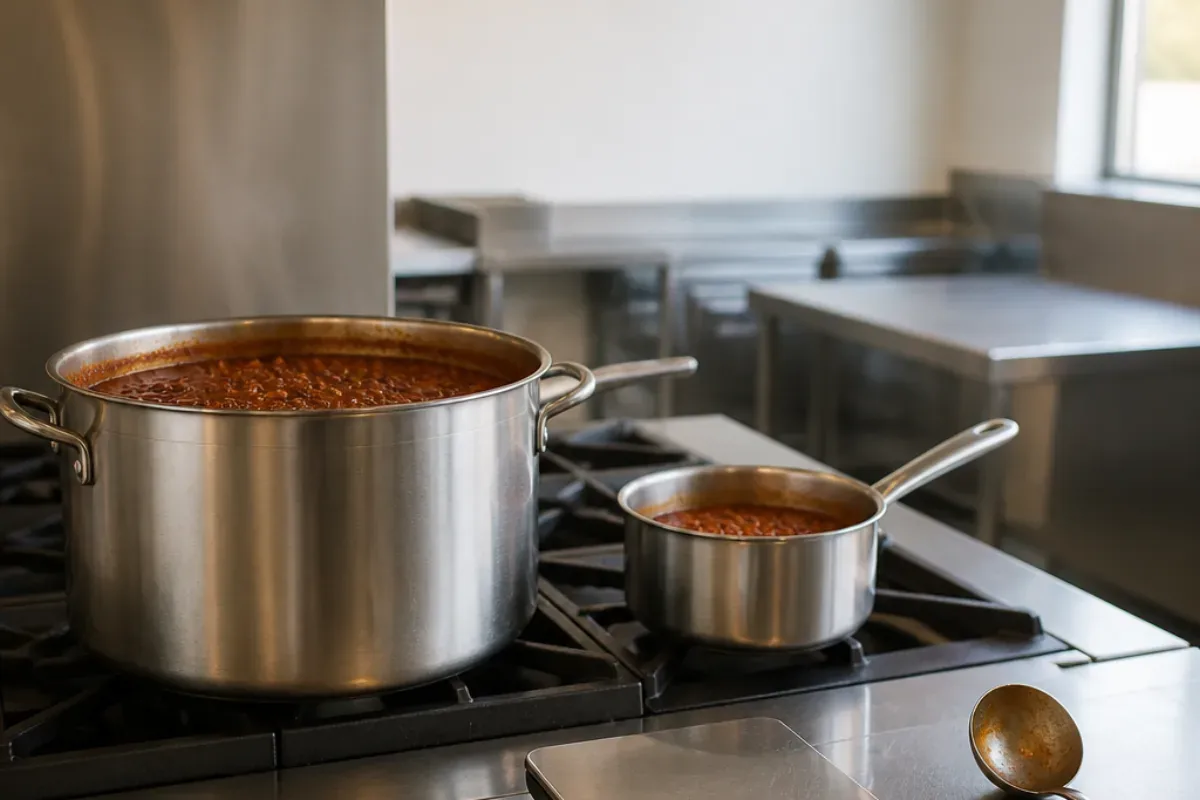 A large stainless stockpot of chili simmering on a commercial range beside a small saucepan of the same chili, a ladle on the bench