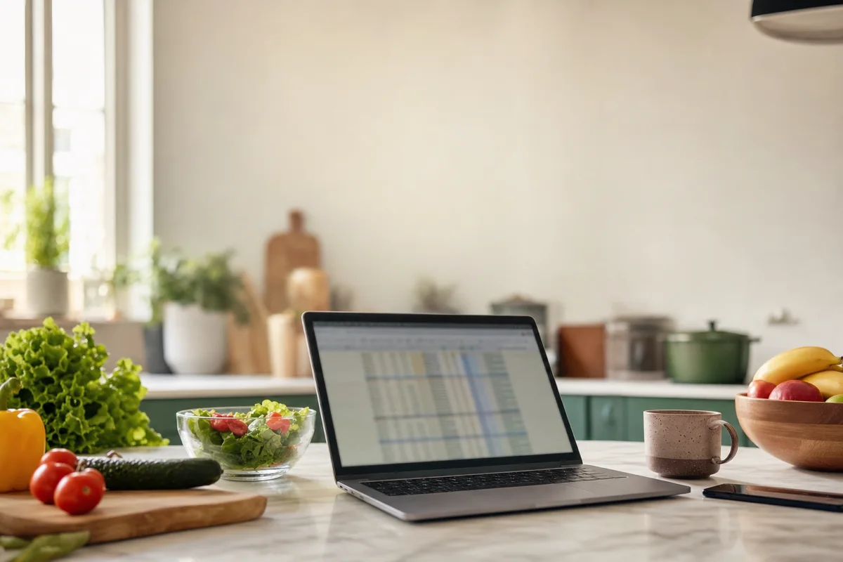 A laptop with a blurred spreadsheet on screen beside fresh produce