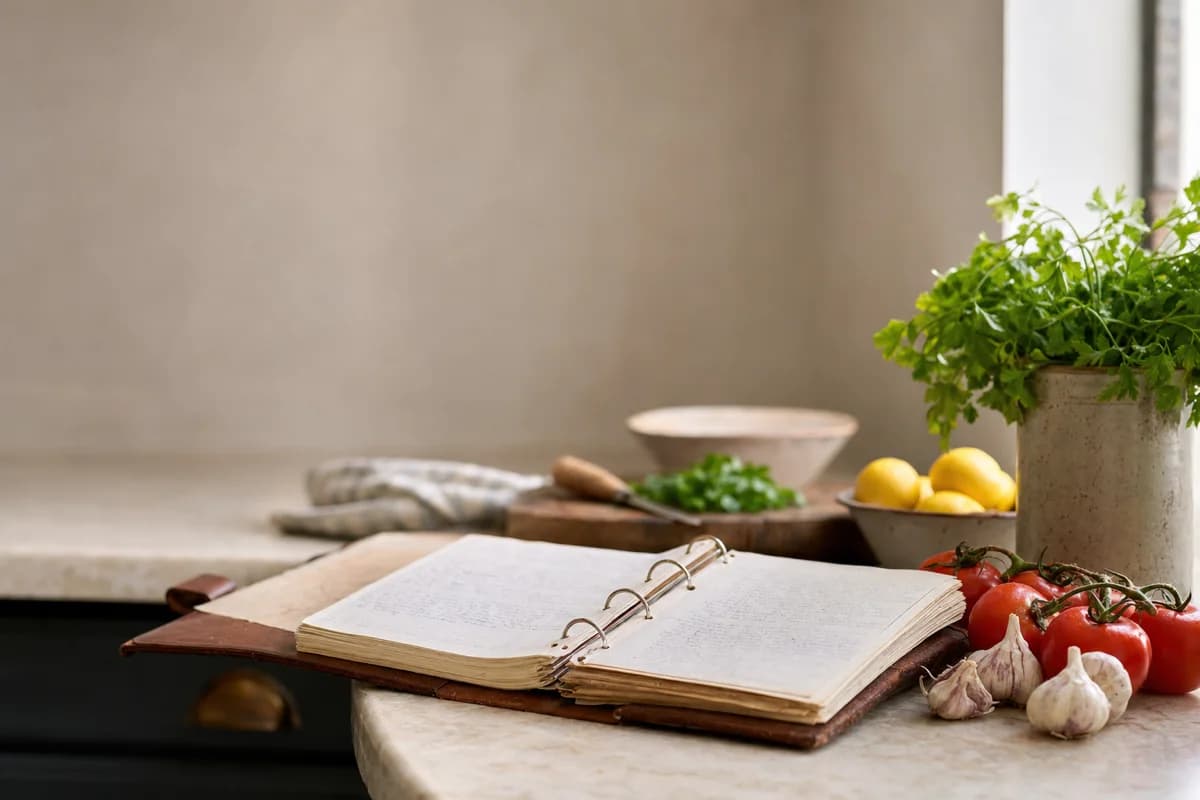 An open recipe binder full of handwritten pages beside fresh ingredients