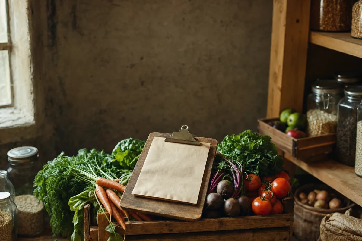 A clipboard holding a blank kraft sheet, resting on a crate of fresh vegetables