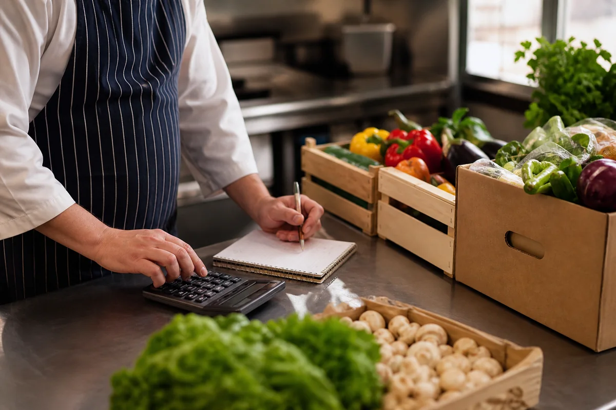 A chef with a calculator and notepad on a prep bench beside crates of delivered produce
