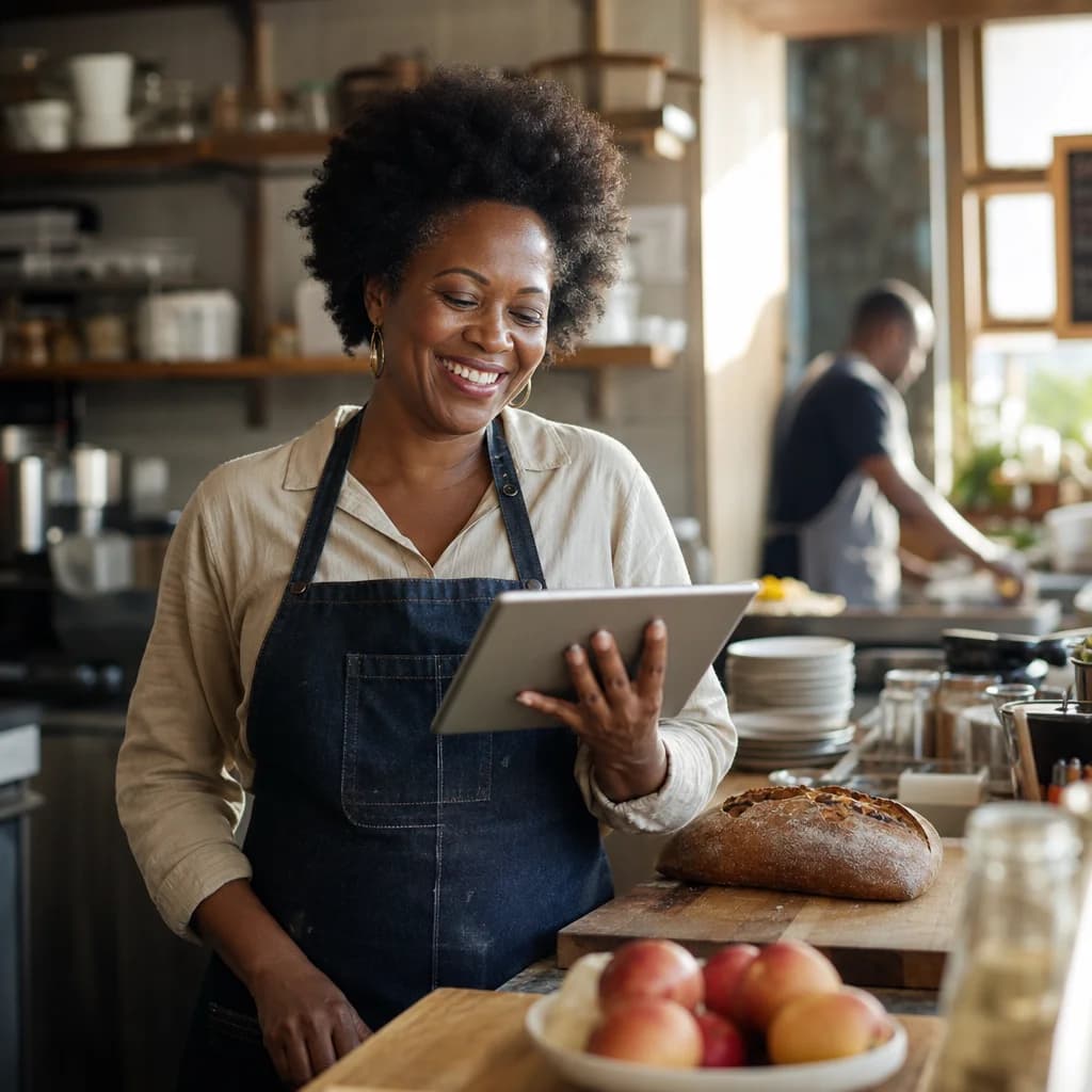 A restaurant owner smiling at a tablet in her sunlit kitchen, a colleague working at the counter behind her