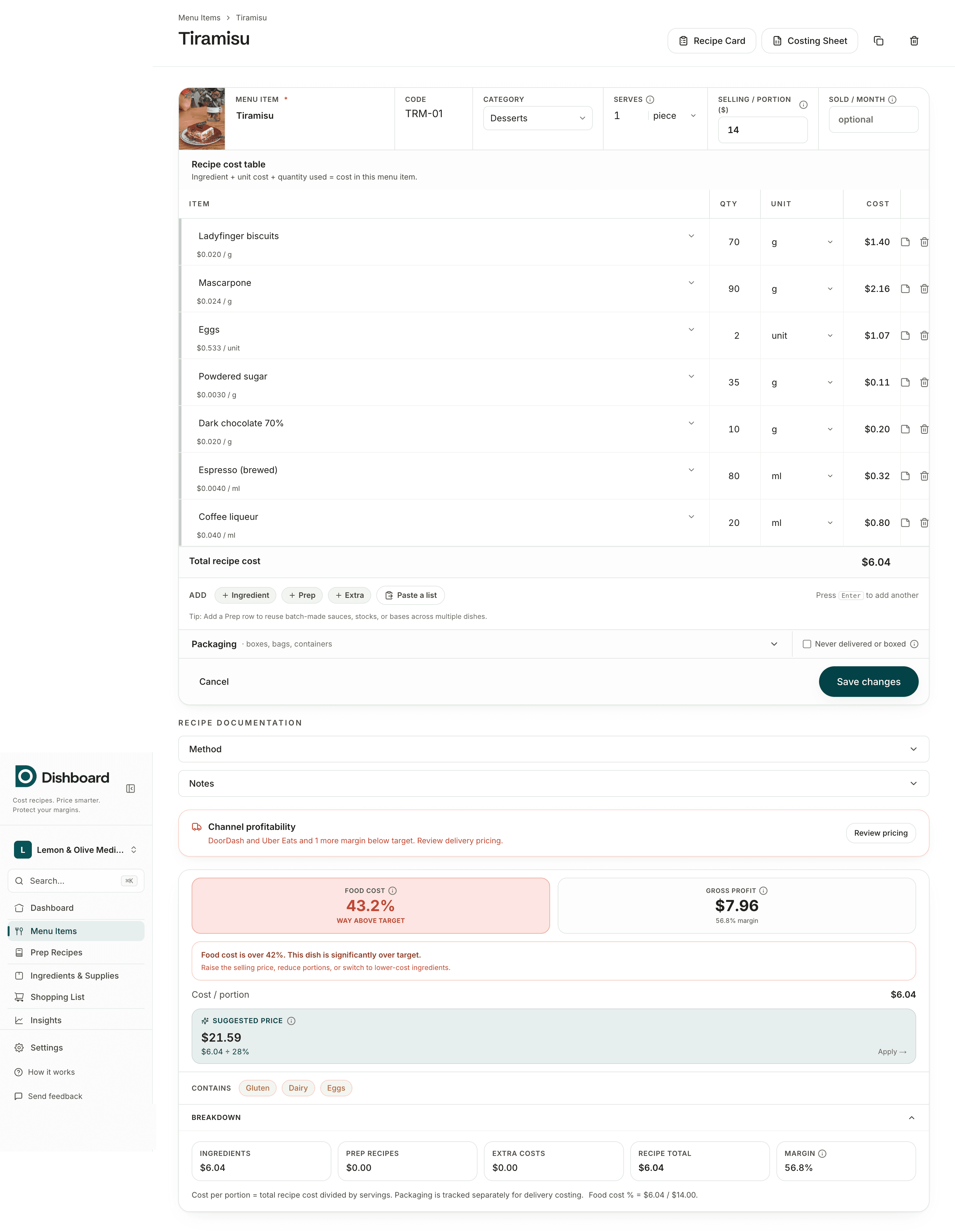 Dishboard's costing screen, showing a menu item's ingredients, cost per portion, and suggested price
