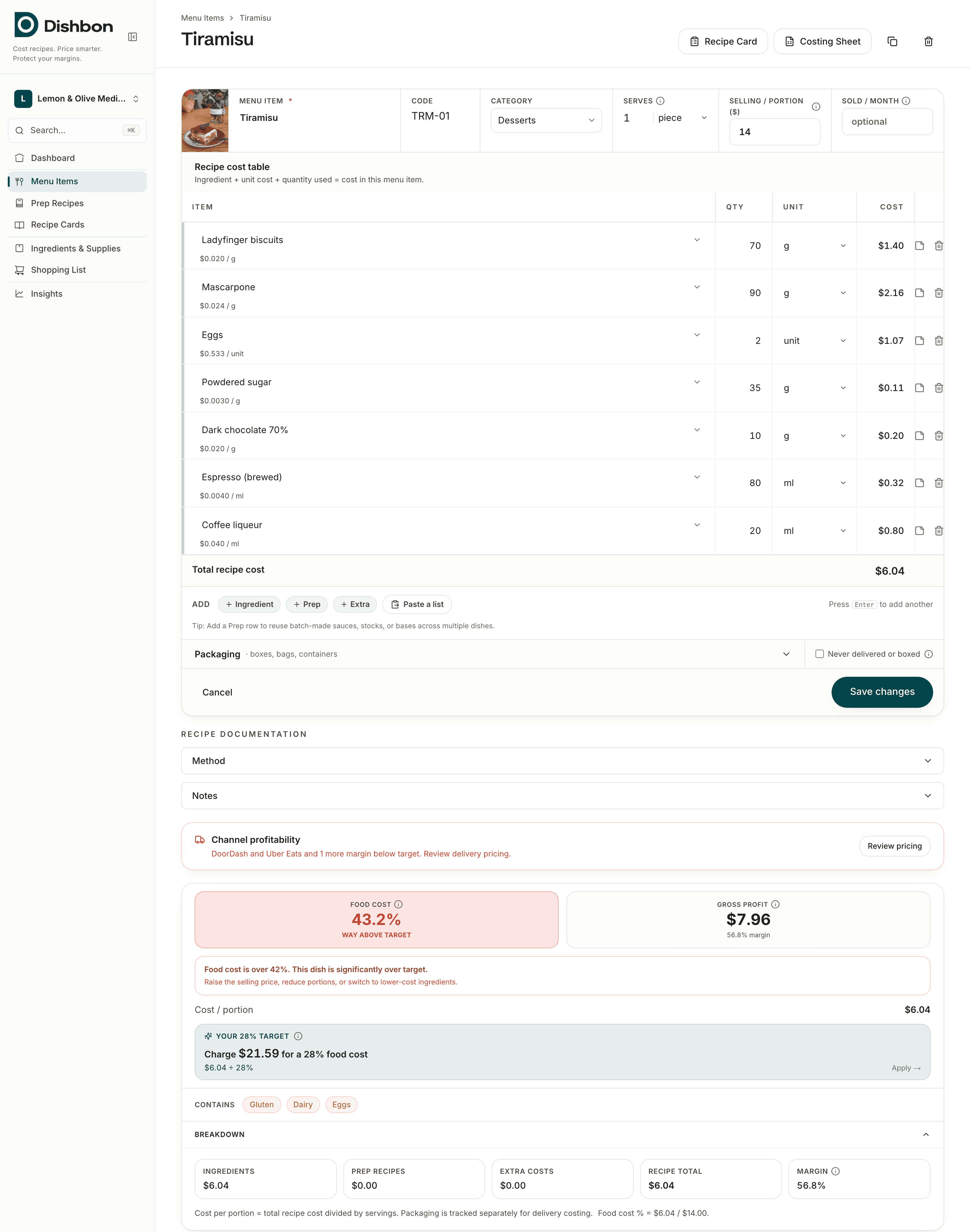 Dishbon's costing screen, showing a menu item's ingredients, cost per portion, and the price that hits the target