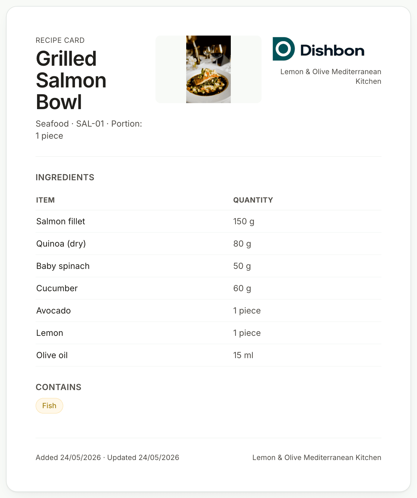 A Dishbon Recipe Card for Grilled Salmon Bowl, showing ingredients and quantities with no cost information