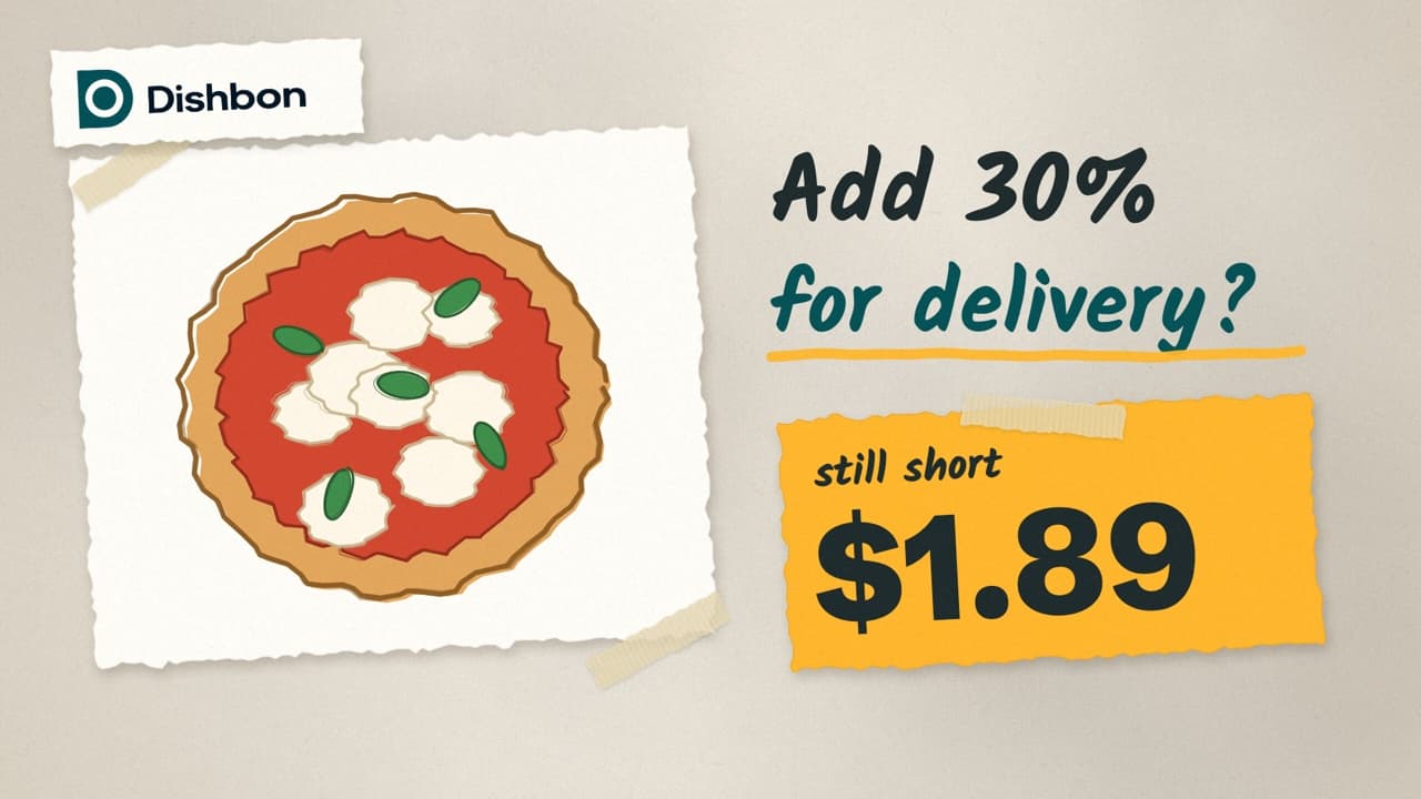 A margherita pizza beside the headline Add 30% for delivery, with a note that it is still short $1.89