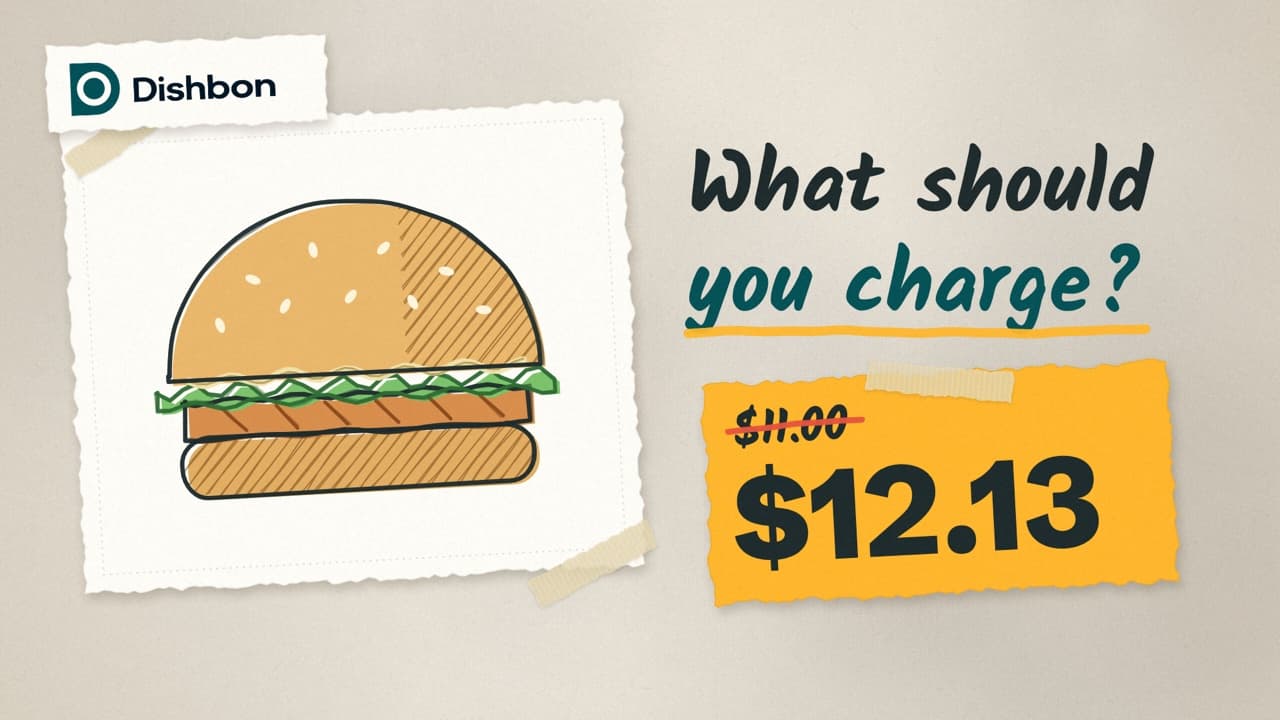 A hand-drawn burger on a torn paper napkin beside the handwritten words What should you charge?, and a yellow paper price tag with $11.00 crossed out above $12.13