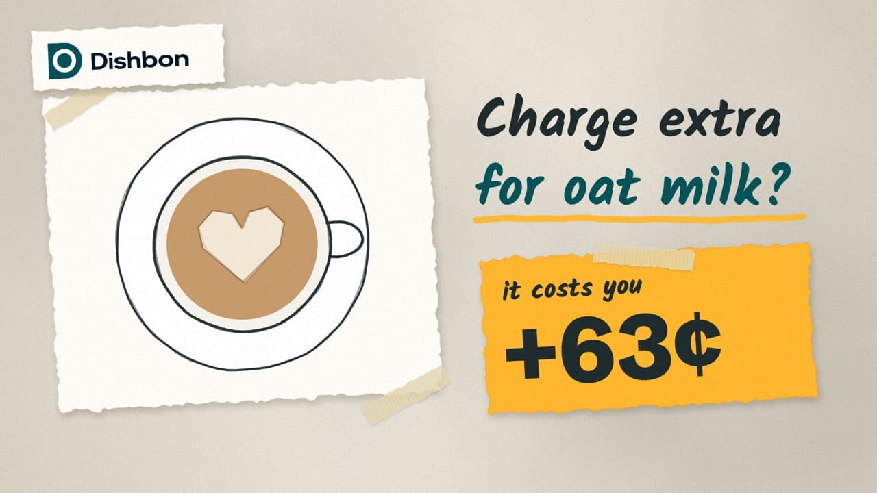 A latte seen from above with a heart in the foam, beside the headline Charge extra for oat milk, with a note that it costs you 63 cents more