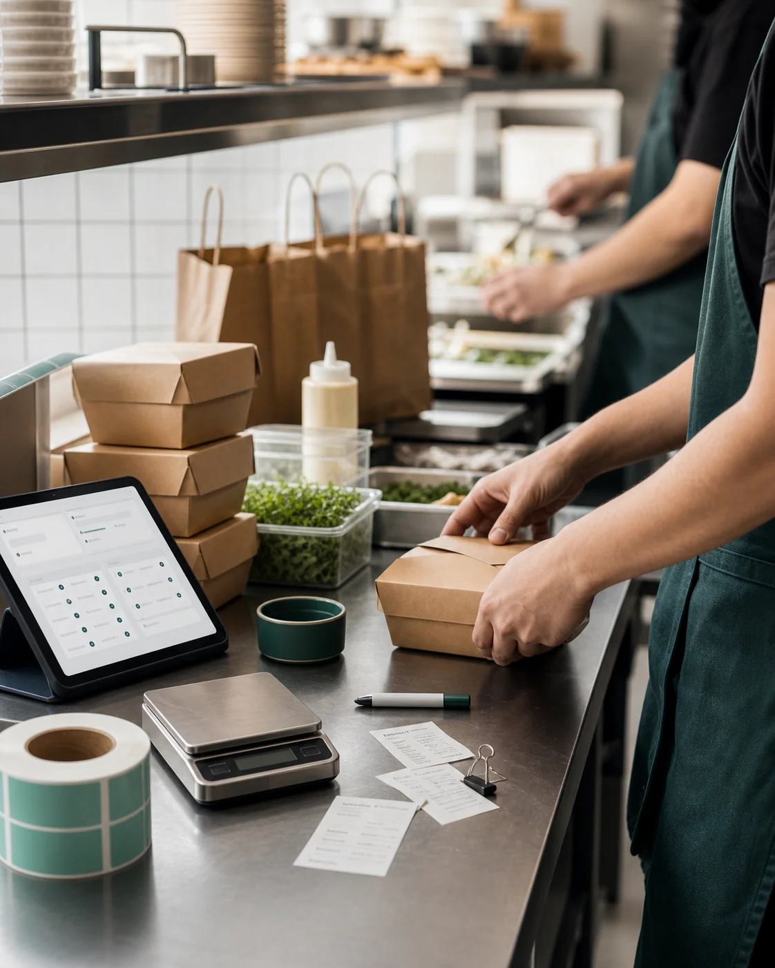 A delivery-prep counter with a tablet showing costing data, a scale, and packed delivery boxes
