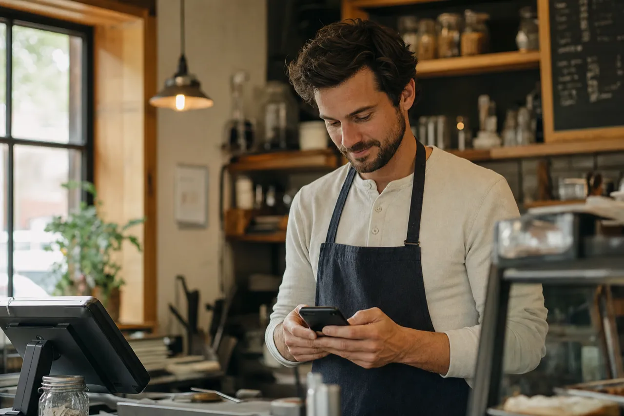 A food business owner working at the counter