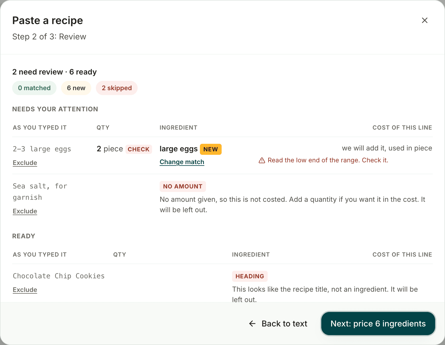 Dishboard's recipe paste review step, showing cups and teaspoons converted to gram weights and a line flagged for review
