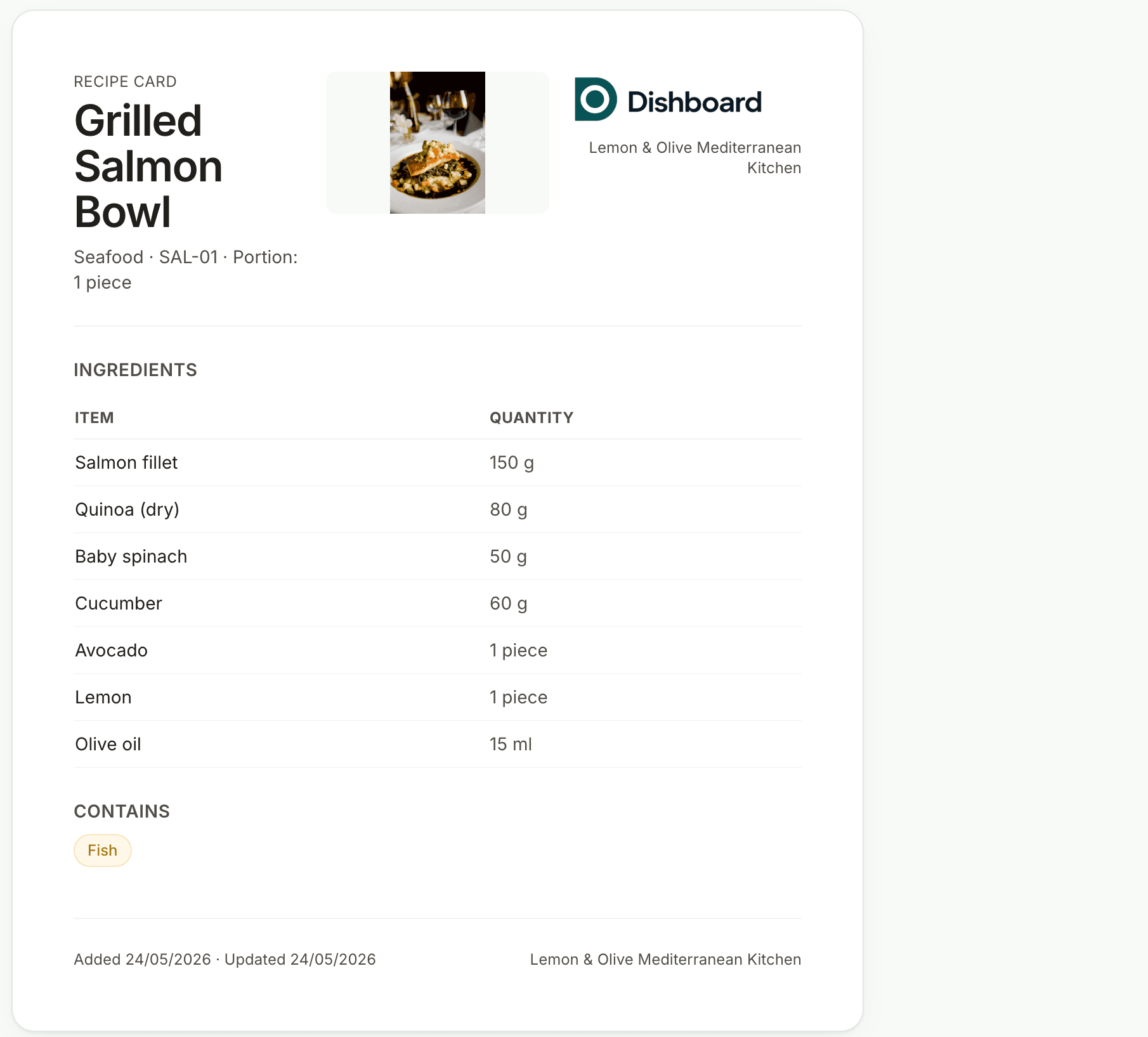 A Dishboard Recipe Card for Grilled Salmon Bowl, showing ingredients and quantities with no cost information