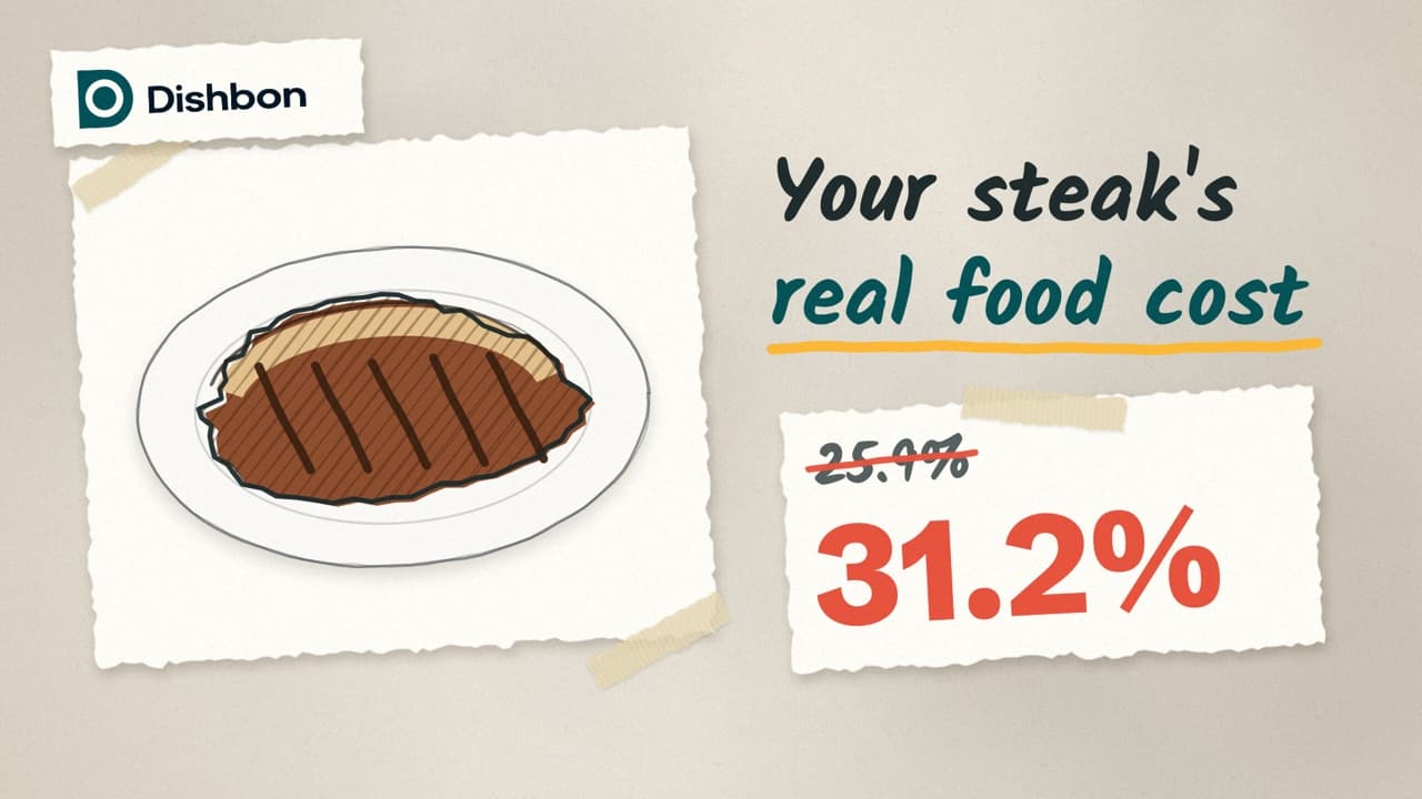 A steak on a plate beside the headline Your steak's real food cost, with 25.9% crossed out above 31.2%